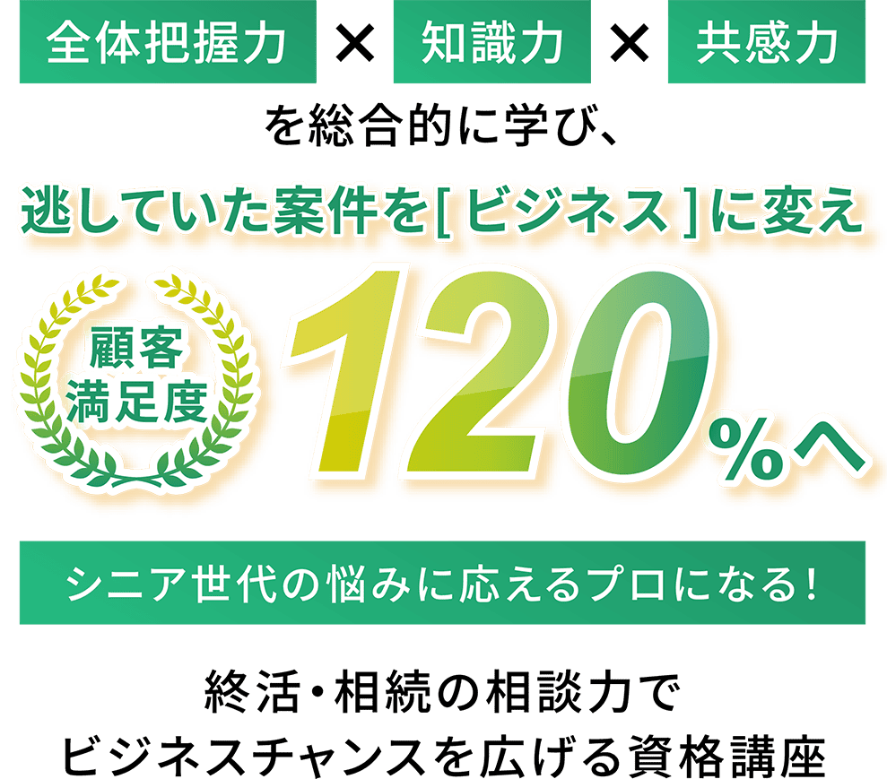 「全体把握力×知識力×共感力を総合的に学び、逃していた案件をビジネスに変え顧客満足度120%へ」シニア世代の悩みに応えるプロになる！終活・相続の相談力でビジネスチャンスを広げる資格講座